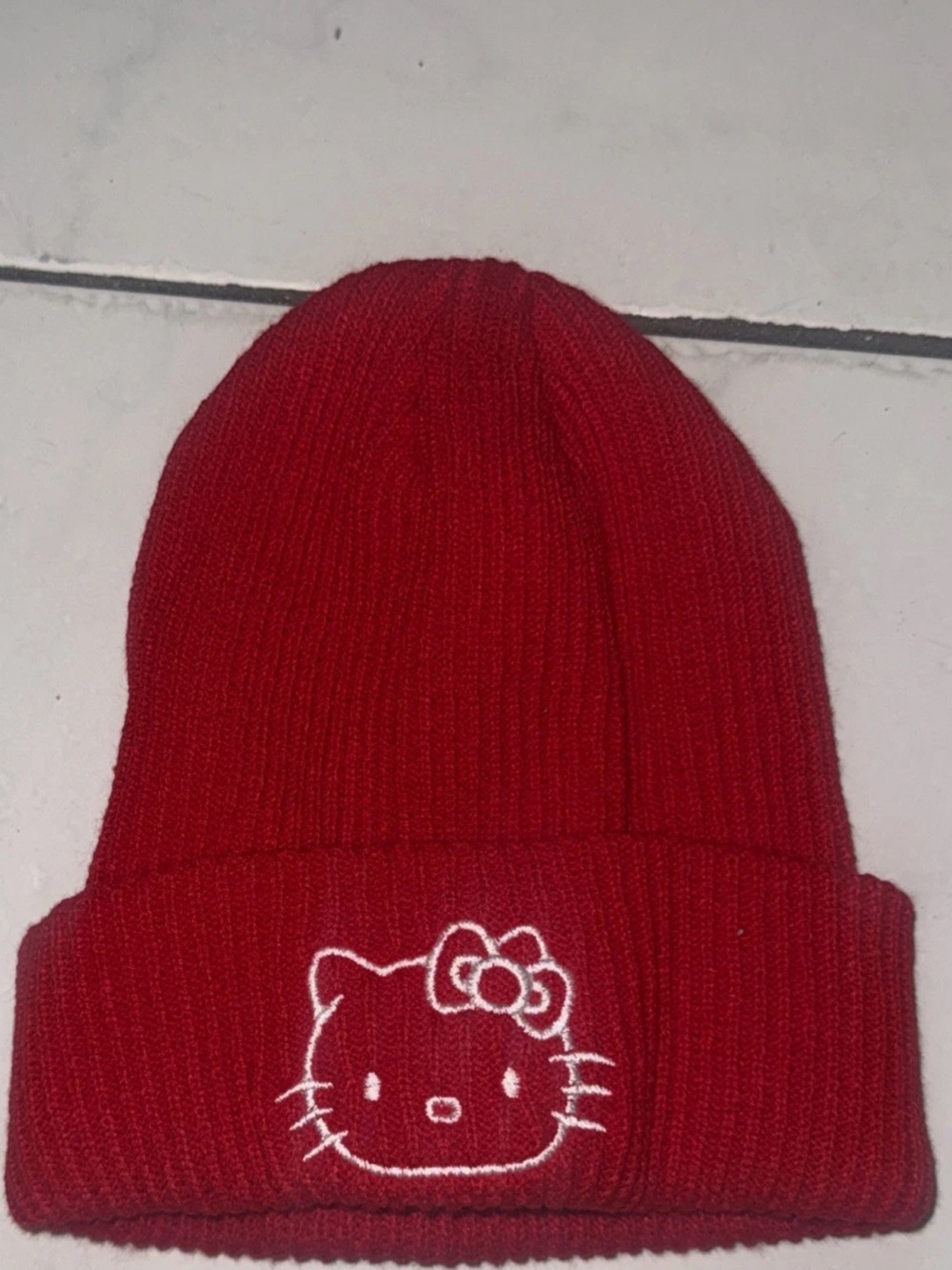 Red Kids Knit Beanie with White Cat Embroidery